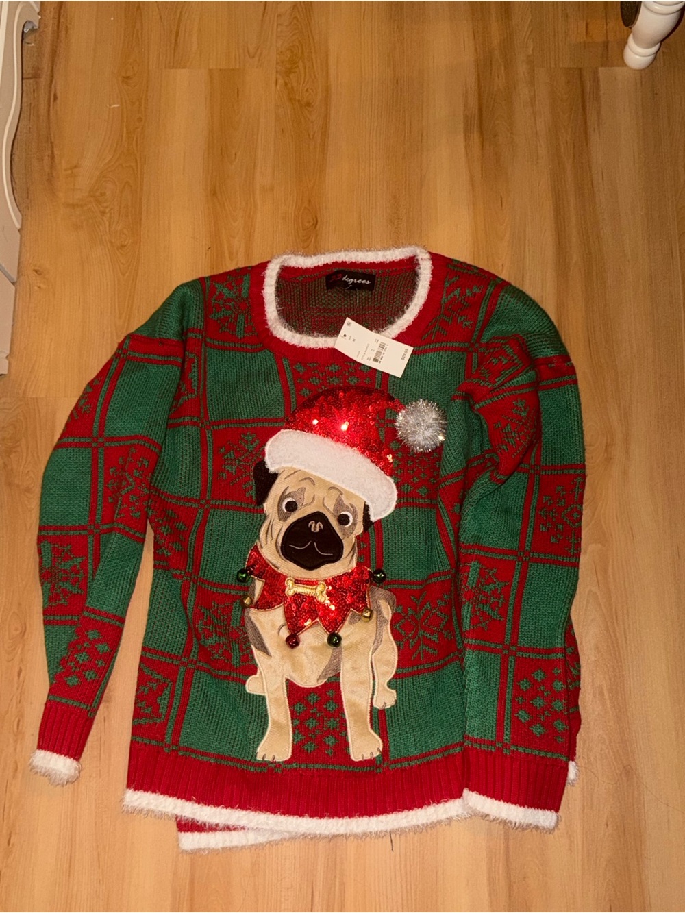 32 Degrees Green and Red Pug Holiday Sweater